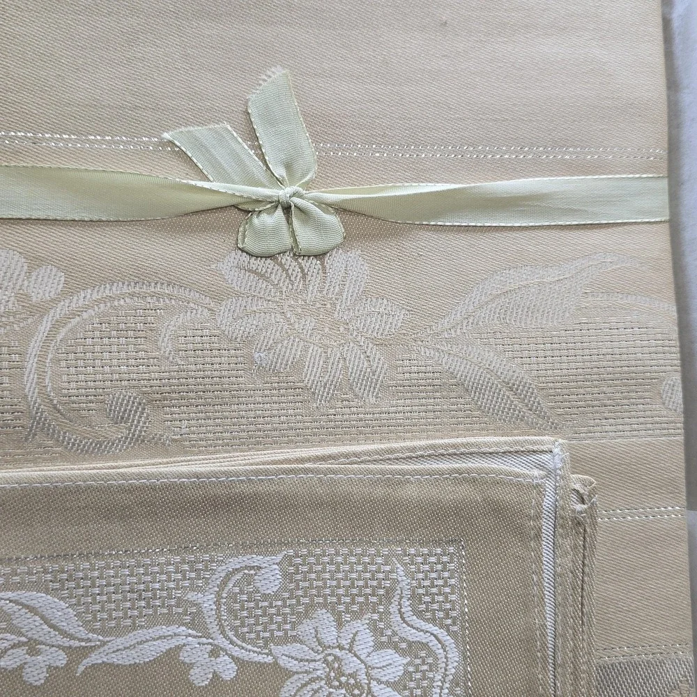 Vintage 60s Damask Fleur De Lys Tablecloth Napkin 54x54 Toast Beige Floral Japan